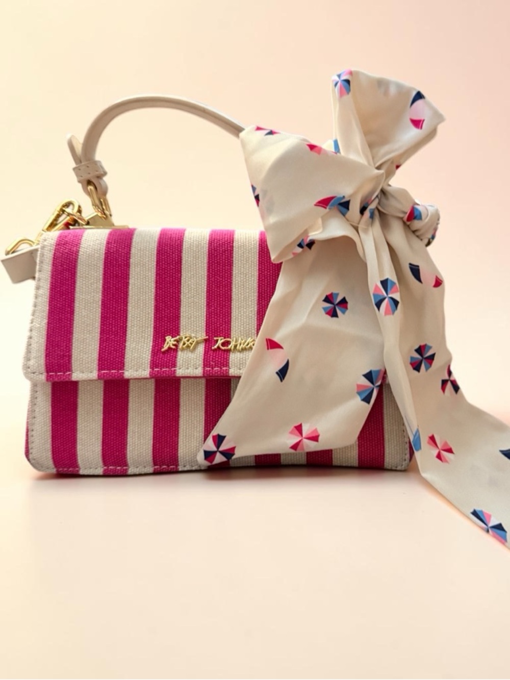 Betsey Johnson Striped Pink & Cream Top-Handle  Crossbody Bag with Bow Scarf—NWT